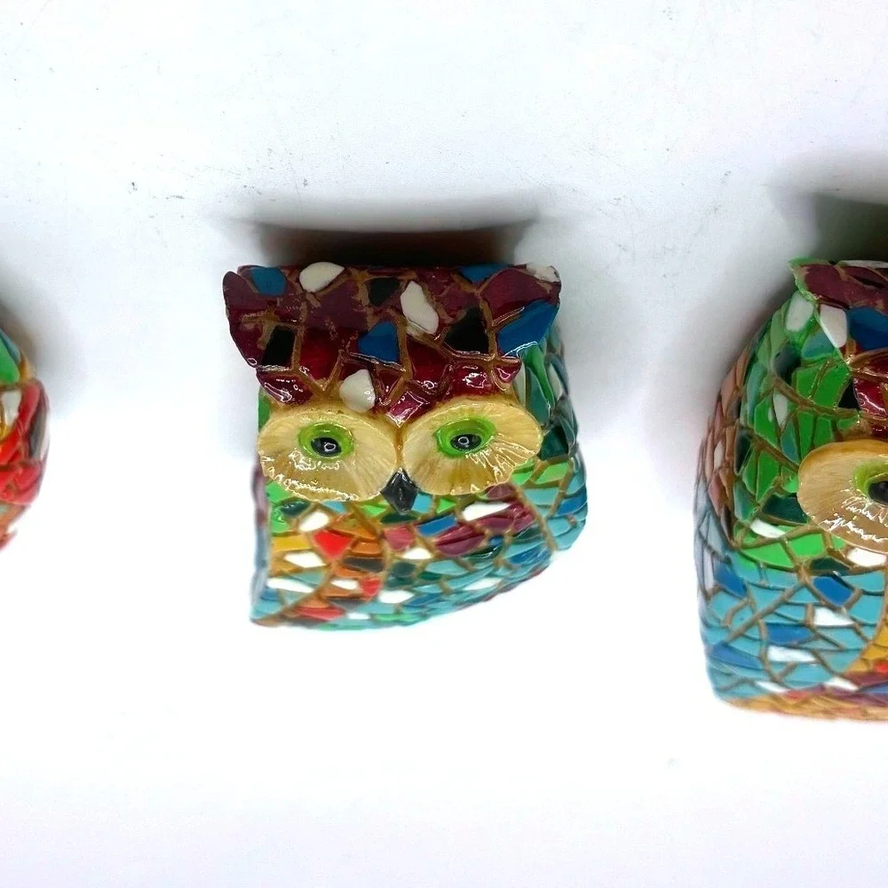 Mosaic Style Owl Gaudi Style Figurine Set 3in 2in 1.5in Multicolor Resin Decor